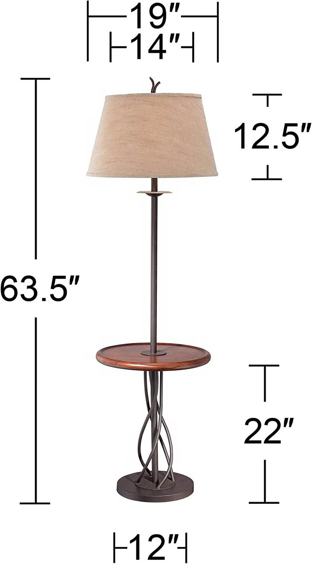 Rustic Farmhouse Floor Lamp with Tray End Table 63.5" Tall Wood Twisted Iron Base Brown Linen Fabric Tapered Drum Shade W598
