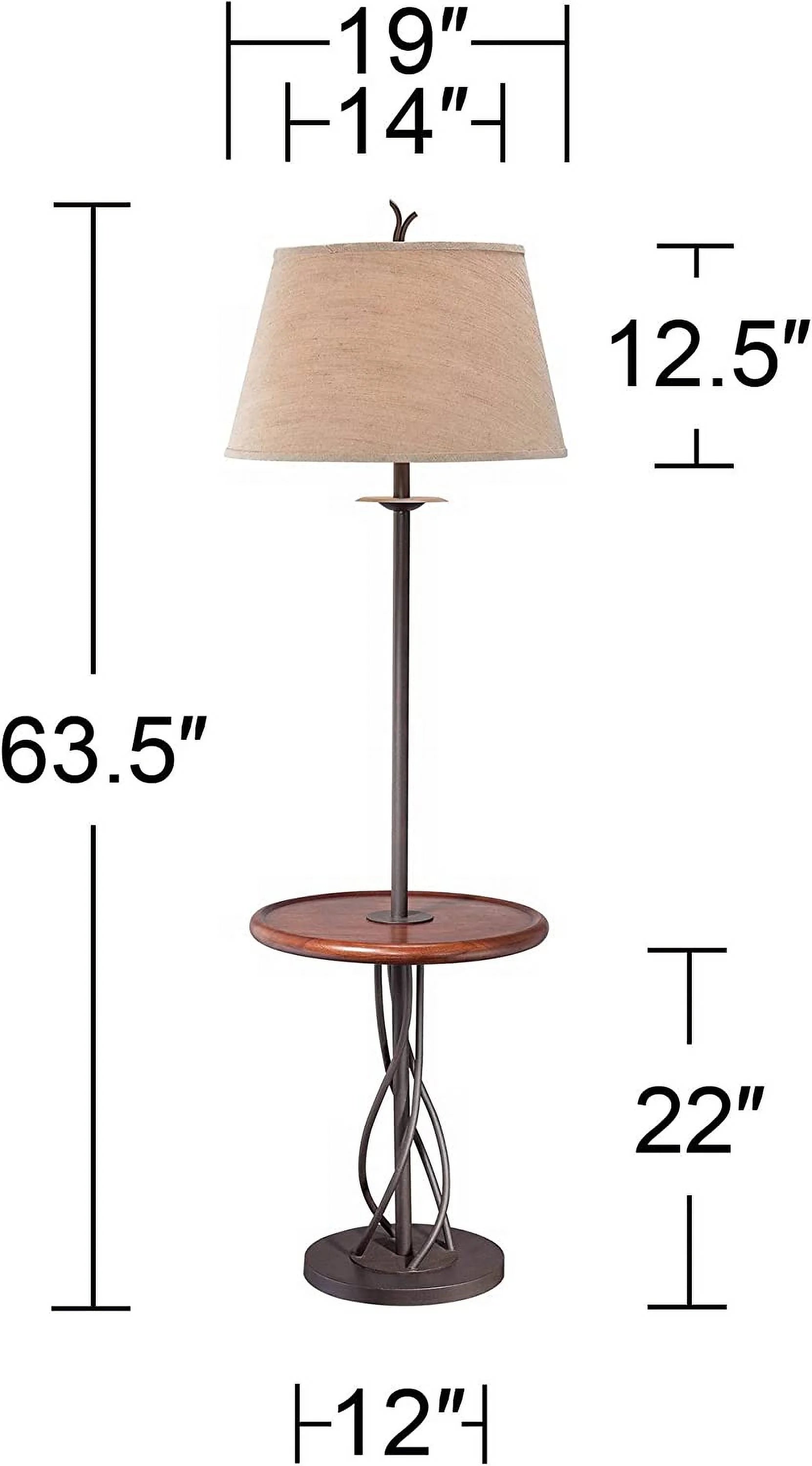 Rustic Farmhouse Floor Lamp with Tray End Table 63.5" Tall Wood Twisted Iron Base Brown Linen Fabric Tapered Drum Shade W598
