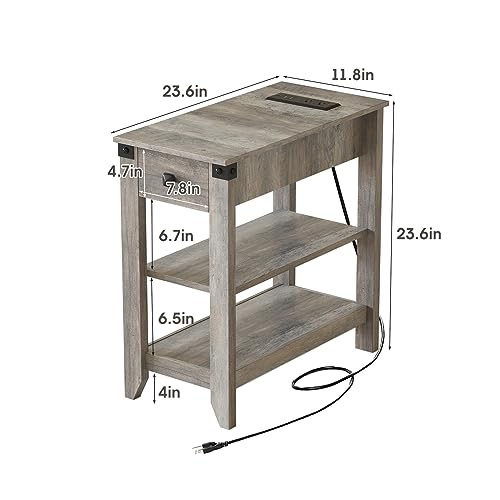 Set of 2 Narrow Side Table with Charging Station and Storage Drawer Rustic Grey Z8175