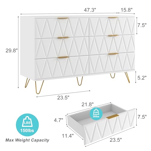 White 6 Drawer Wood Dresser with Gold Handles M626