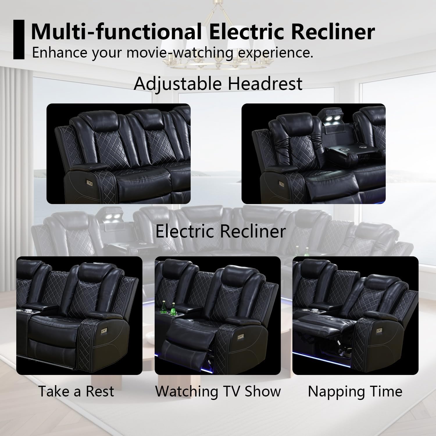 Black Leather Power Reclining Sectional Sofa J11833