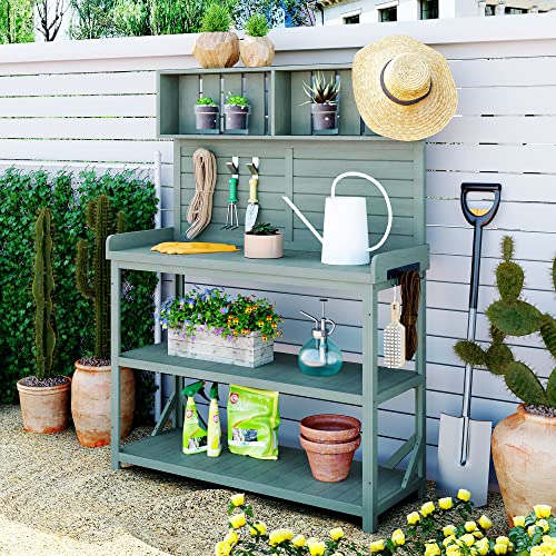 Green 65" Wooden Potting Bench with 4 Storage Shelves X153