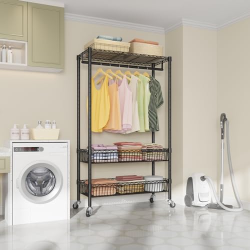 White Rolling Garment Rack with Basket V92538