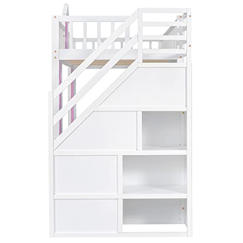 Pink Twin-Over-Twin Bunk Bed with Slide, 2 Drawers, 3 Shelves, Solid Wood R3894