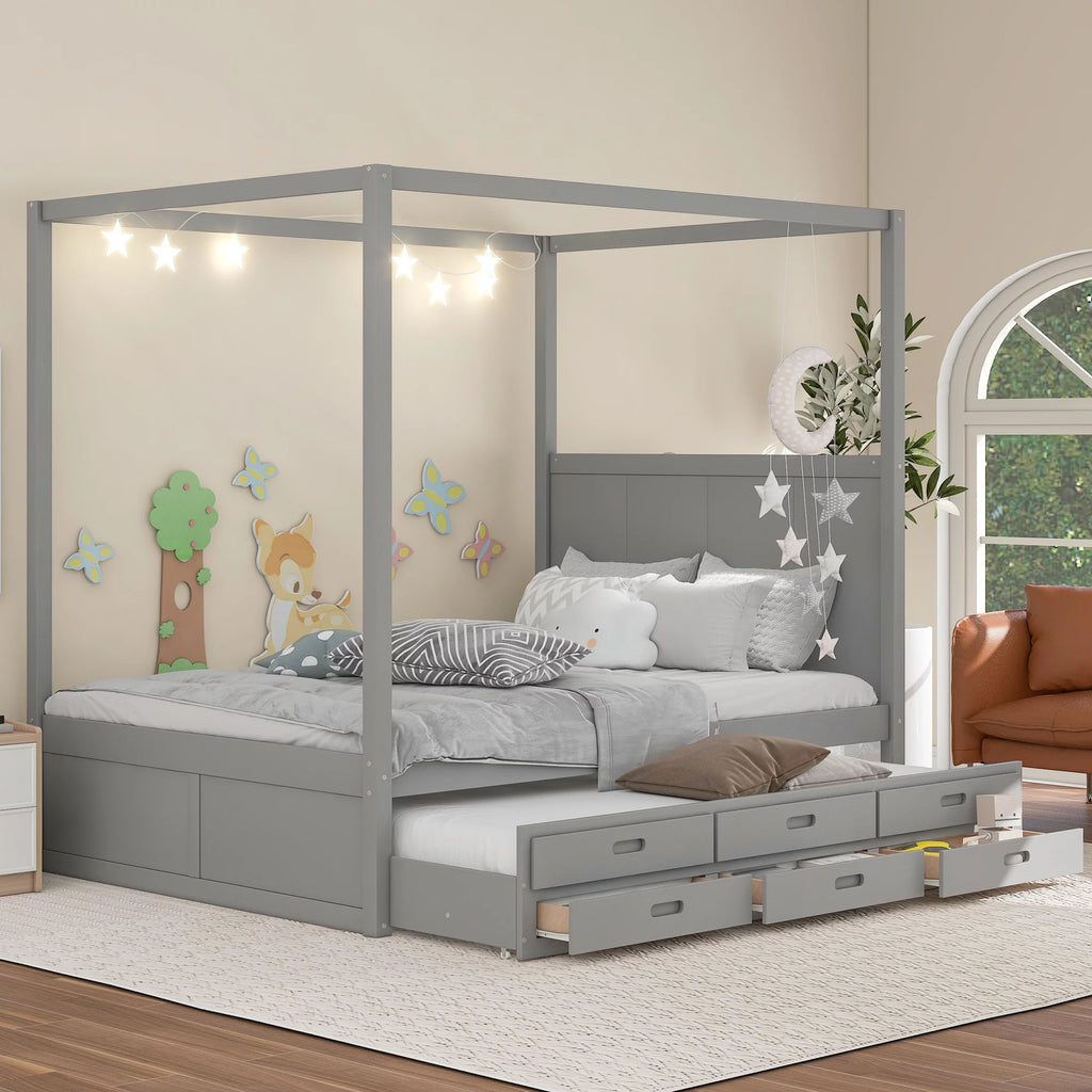 Gray Wooden Queen Platform Bed with Trundle and 3 Storage Drawers T814465