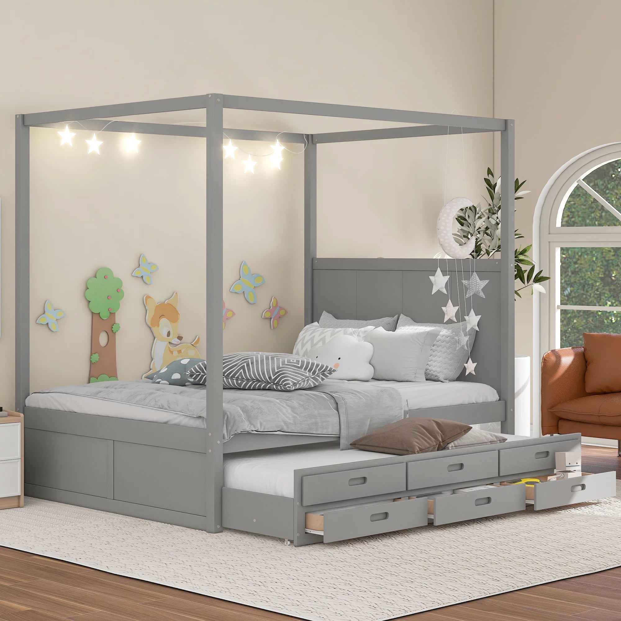 Gray Wooden Queen Platform Bed with Trundle and 3 Storage Drawers T814465