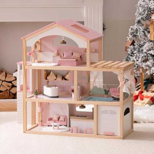 Pink Wooden Dollhouse with 6 Rooms and 29-pcs Furniture Set I1455