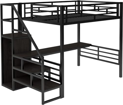 Full Size Metal Loft Bed with Desk and Wardrobe H7980
