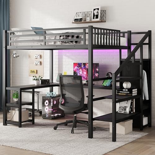Black Full Size Metal Loft Bed with L-Shaped Desk and USB Port M21822