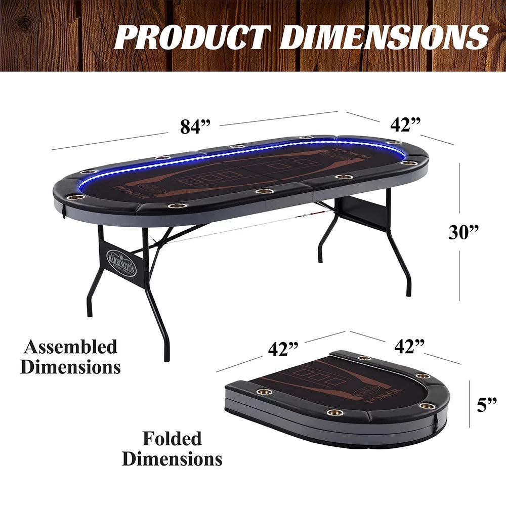 10-Player Poker Table with In-laid LED Lights, Brown and Black L527