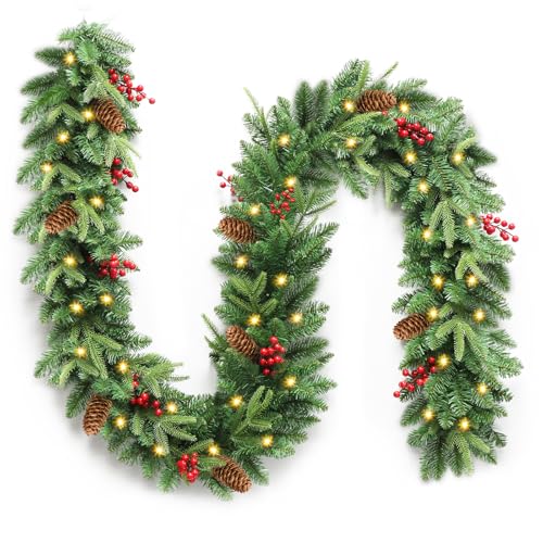 9ft Pre-Lit Artificial Christmas Garland with Pine Cones & Red Berries T8849