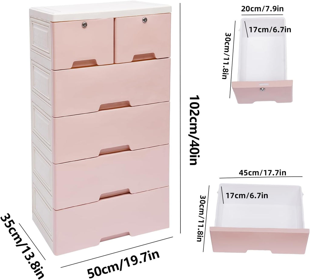 6 Drawers Pink Plastic Dresser with 4 Wheels M2797