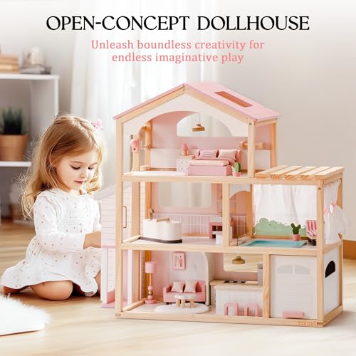 Pink Wooden Dollhouse with 6 Rooms and 29-pcs Furniture Set I1455