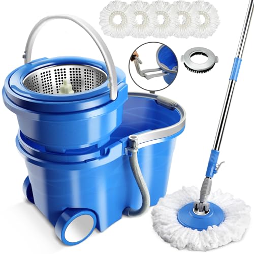 Mop Bucket with Wringer Set, Stainless Steel Handle, 5 Microfiber Replacement Heads, 1 Floor Brush Mop Head R13388
