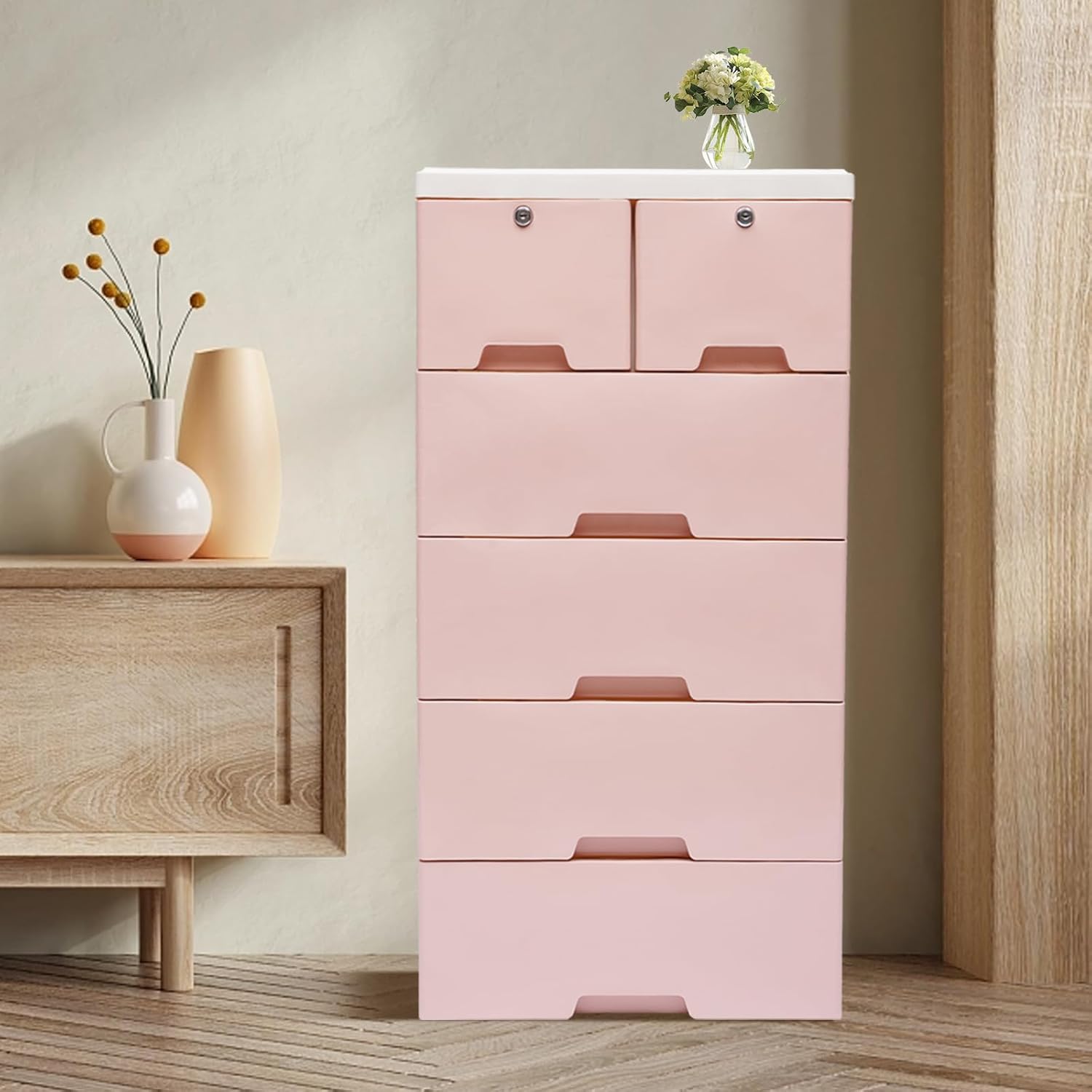 6 Drawers Pink Plastic Dresser with 4 Wheels M2797