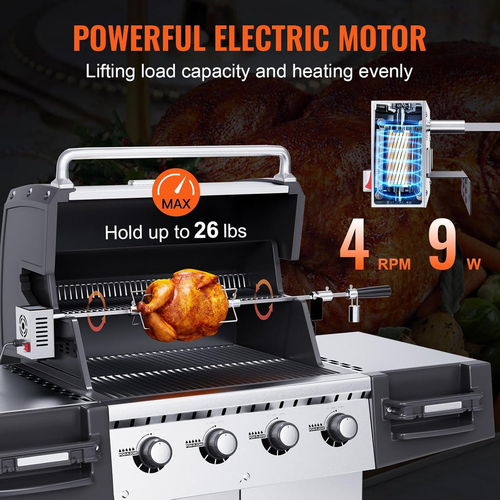 Heavy Duty Stainless Steel Grill Rotisserie Kit with 9W Motor - 32-Inch Hexagon Spit Rod - 26 Lbs Capacity X898