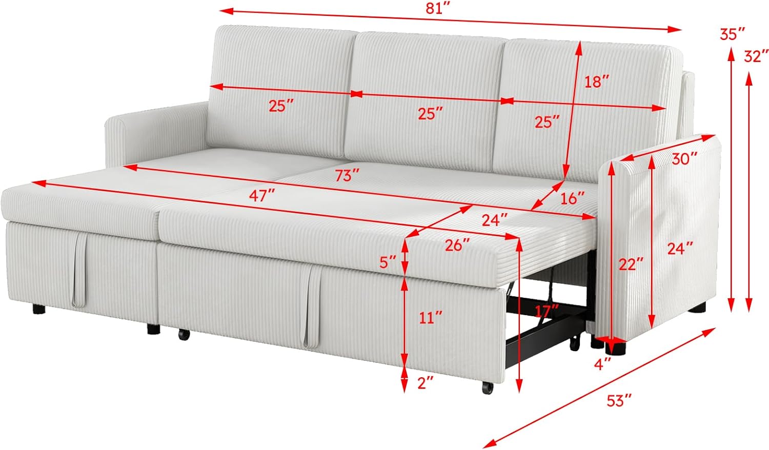 Beige Corduroy L-Shaped Sleeper Sofa with Storage Chaise and 2 Pillows M17222