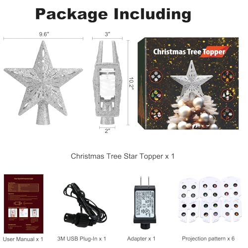 Silver 3D Glitter Lighted Christmas Tree Topper with Rotating LED Lights U645