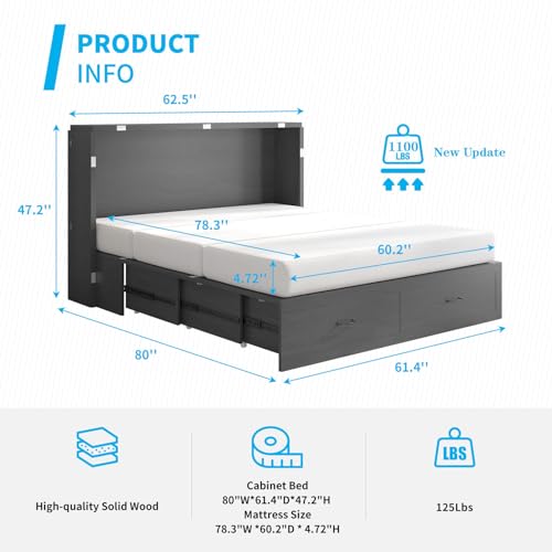 Queen Size Solid Wood Murphy Bed with Foam Mattress and 2 Storage Drawers Y745132