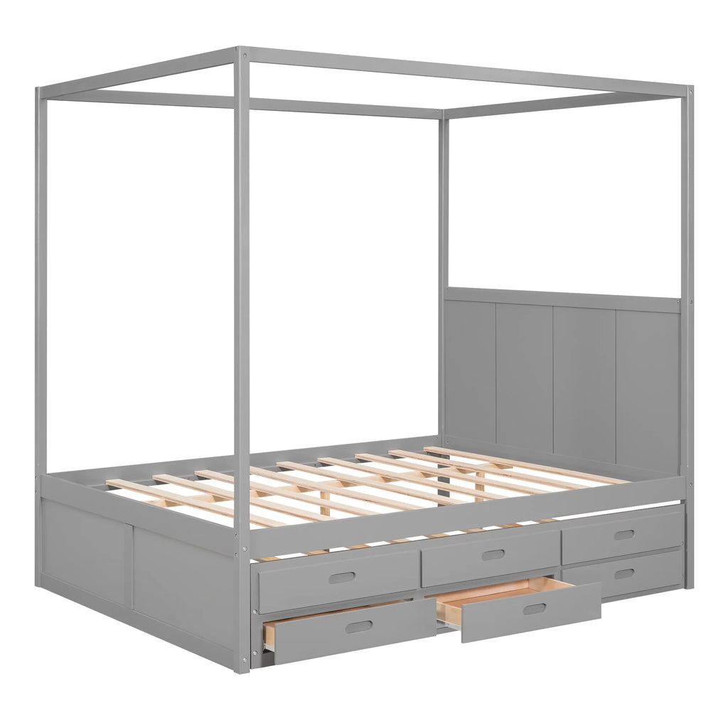 Gray Wooden Queen Platform Bed with Trundle and 3 Storage Drawers T814465
