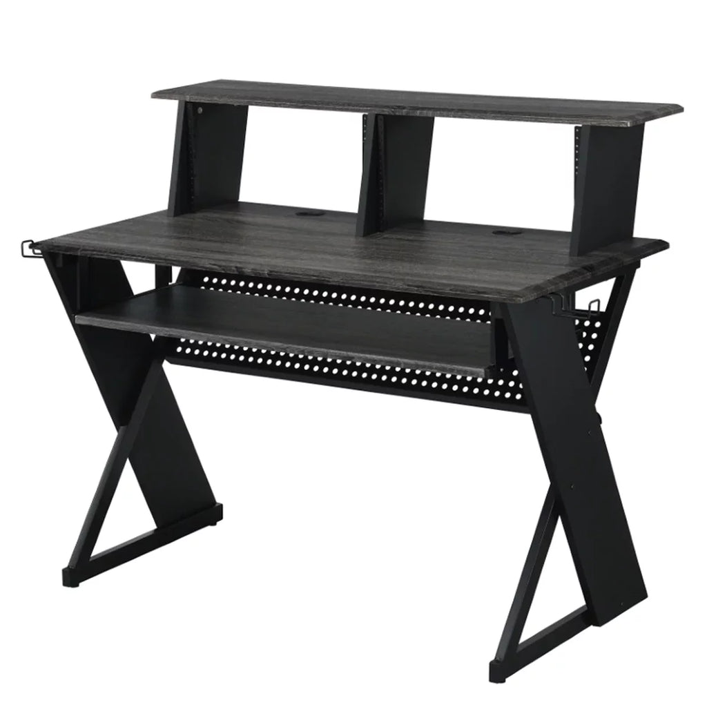 Gray Wood Music Desk Studio Station with Keyboard Tray and Shelves D89655