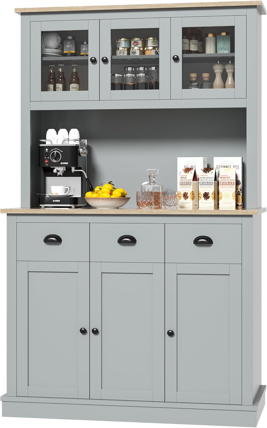 Grey Kitchen Hutch Storage Cabinet with Countertop and Drawers G810