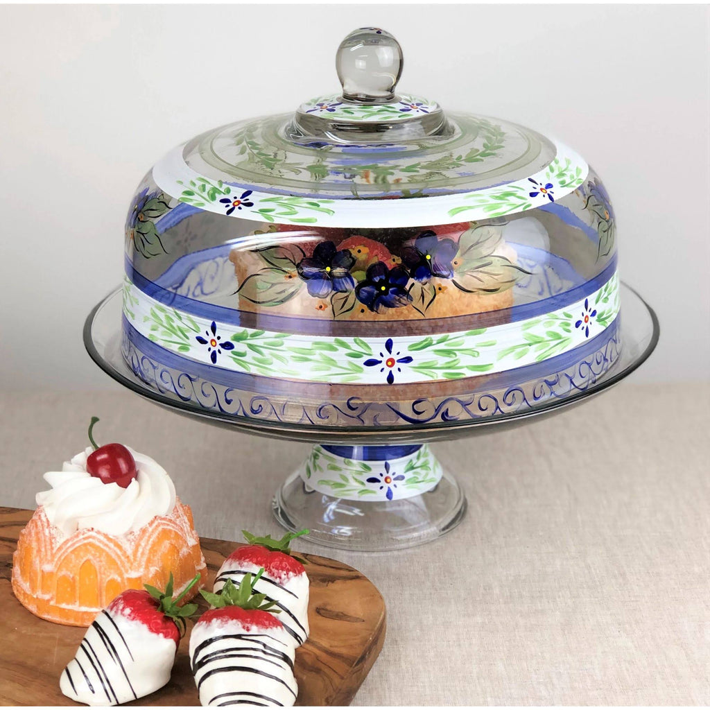 Blue Floral Hand Painted Glass Large Cake Dome E517