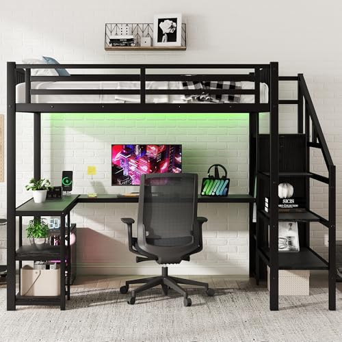 Black Full Size Metal Loft Bed with L-Shaped Desk and USB Port M21822