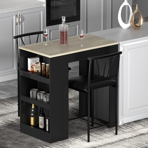 Gray Small Bar Table and Chairs Dining Set for 2 with Storage Shelves Z7025
