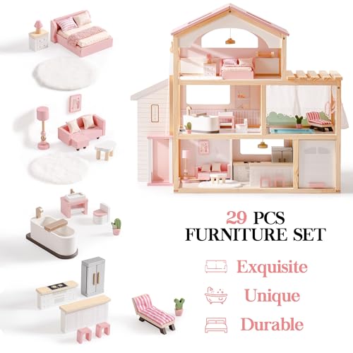 Pink Wooden Dollhouse with 6 Rooms and 29-pcs Furniture Set I1455