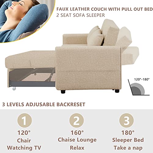 Convertible Sleeper Sofa Bed 57 Inches Velvet 2 Seats with Pull Out Bed Adjustable Backrest 2 Pillows Side Pocket Light Brown P8510