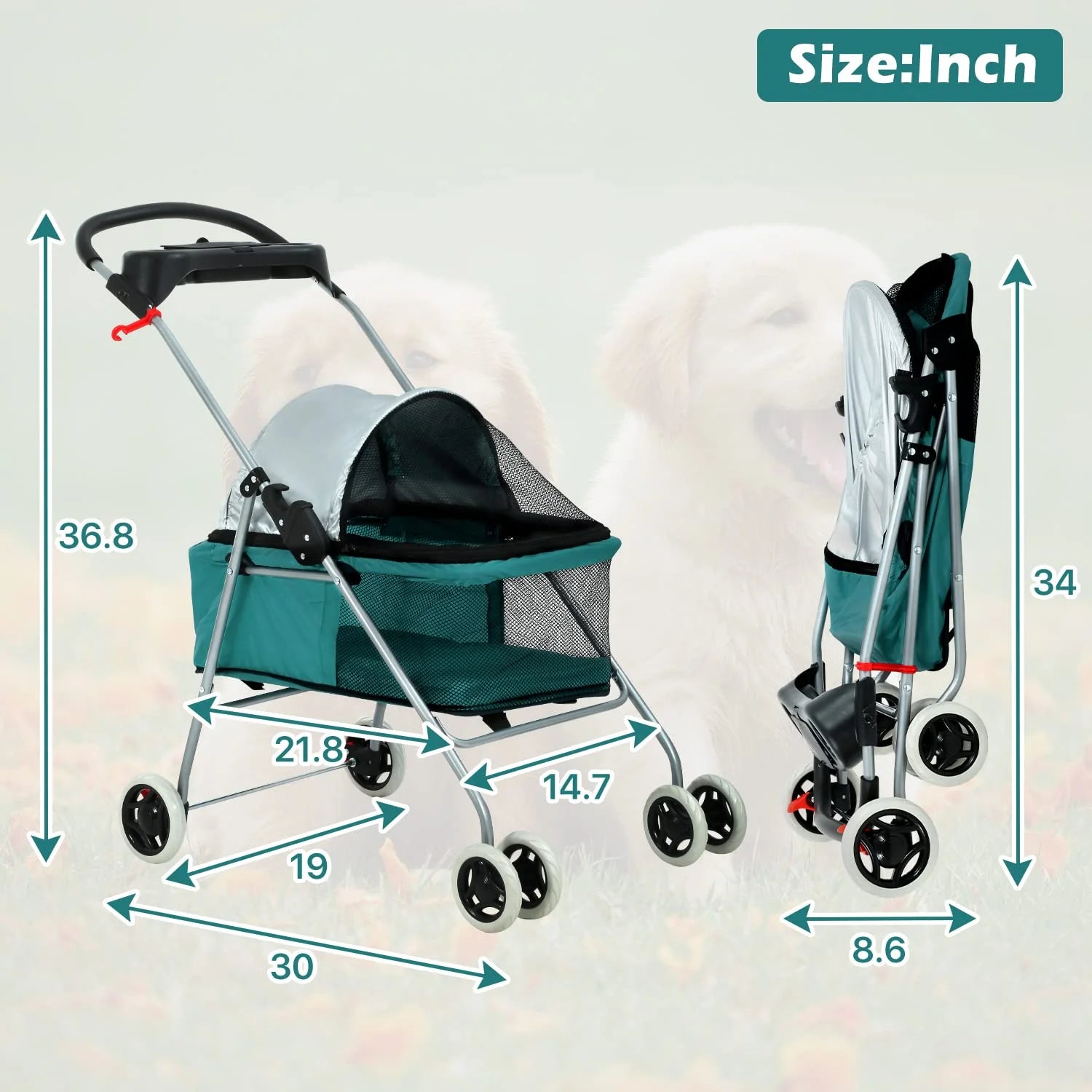 Teal Folding 4-Wheel Dog Stroller D375931