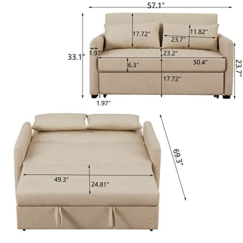 Convertible Sleeper Sofa Bed 57 Inches Velvet 2 Seats with Pull Out Bed Adjustable Backrest 2 Pillows Side Pocket Light Brown P8510