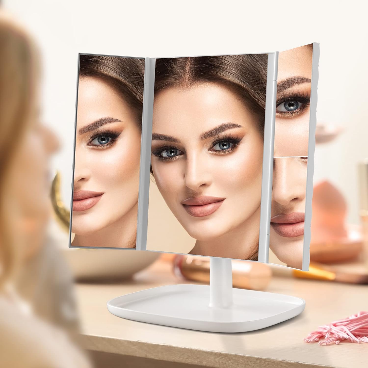 3 Color Lighting Modes 52 LED Trifold Portable Mirror with 1X 2X 3X Magnification C810