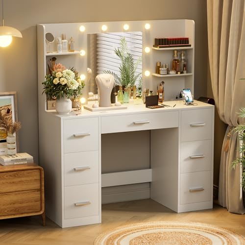 White Vanity Desk with LED Lighted Mirror and 7 Drawers H21419