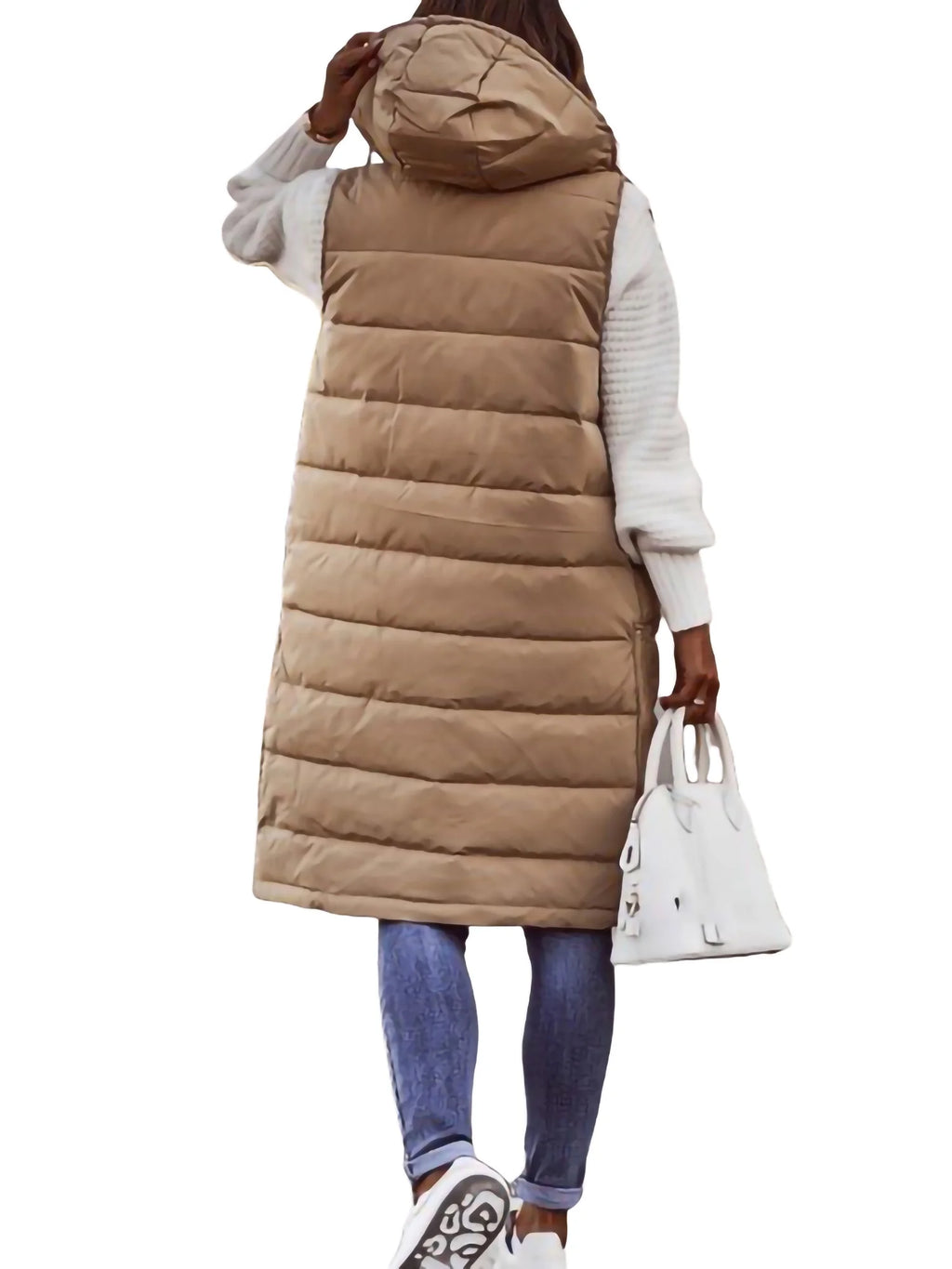 Women's Hooded Down Long Vest Padded Jacket with Pockets U508448