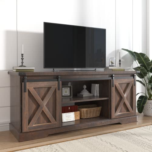 Brown Wood TV Stand with Sliding Barn Doors and Adjustable Shelves O253739