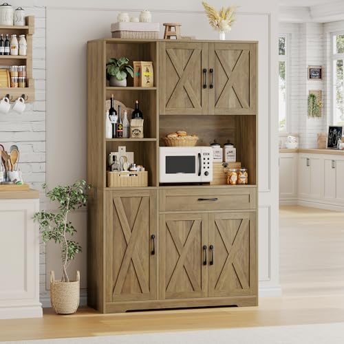 71" Tall Kitchen Pantry Storage Cabinet with Microwave Stand, Barn Doors, Large Drawer and Shelves, Ash Grey F204