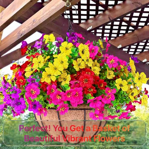 2 Sets Outdoor Artificial Flowers with 12" Hanging Basket, 24 Bunches of Faux Flowers with 2 Hanging Planters Yellow Orange L4566