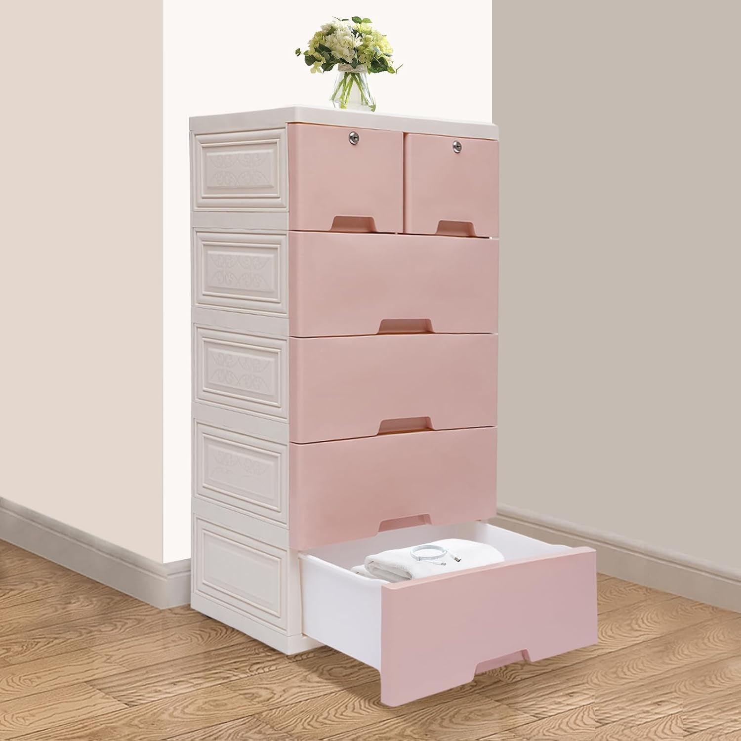 6 Drawers Pink Plastic Dresser with 4 Wheels M2797