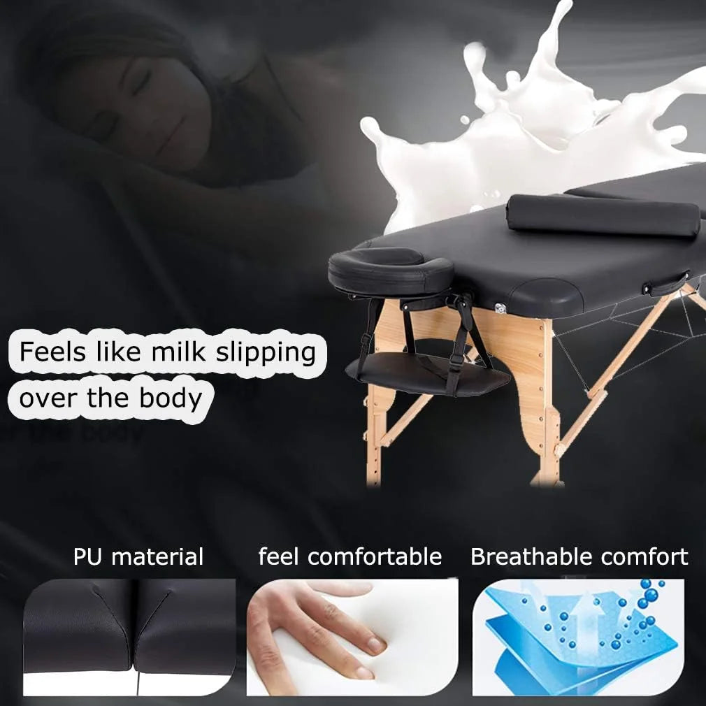 Portable Massage Table 73” L 28”W Height Adjustable with Bolsters Carry Case 2 Fold Black T385378
