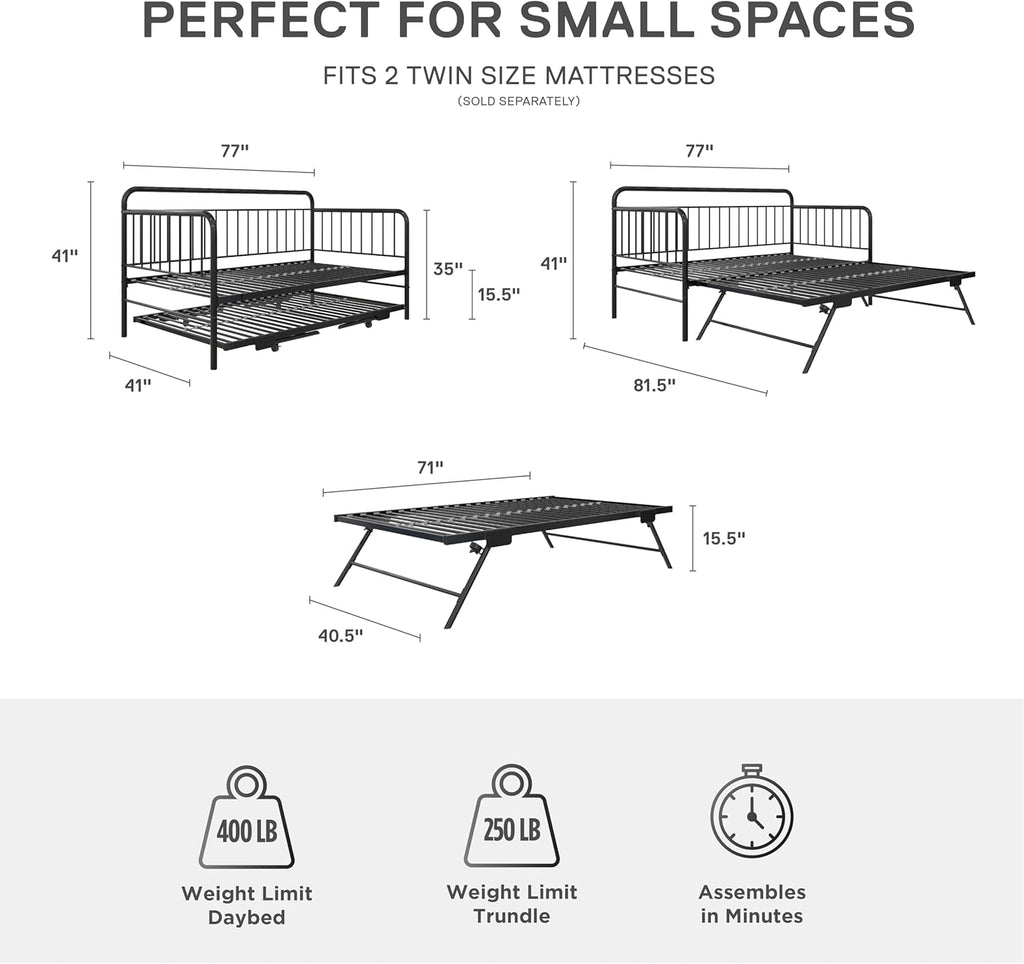 Black Metal Twin Daybed with Pop Up Trundle Bed T5221