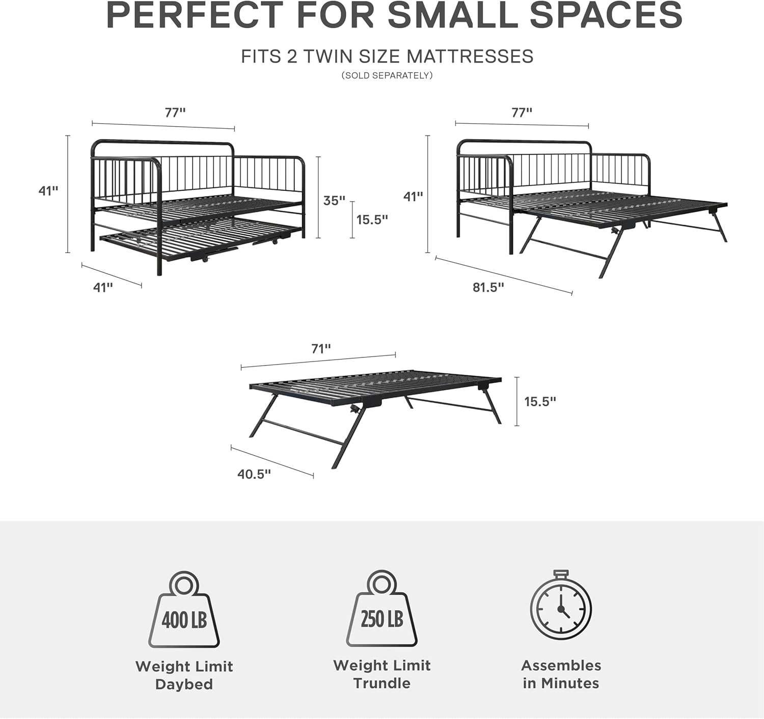 Black Metal Twin Daybed with Pop Up Trundle Bed T5221