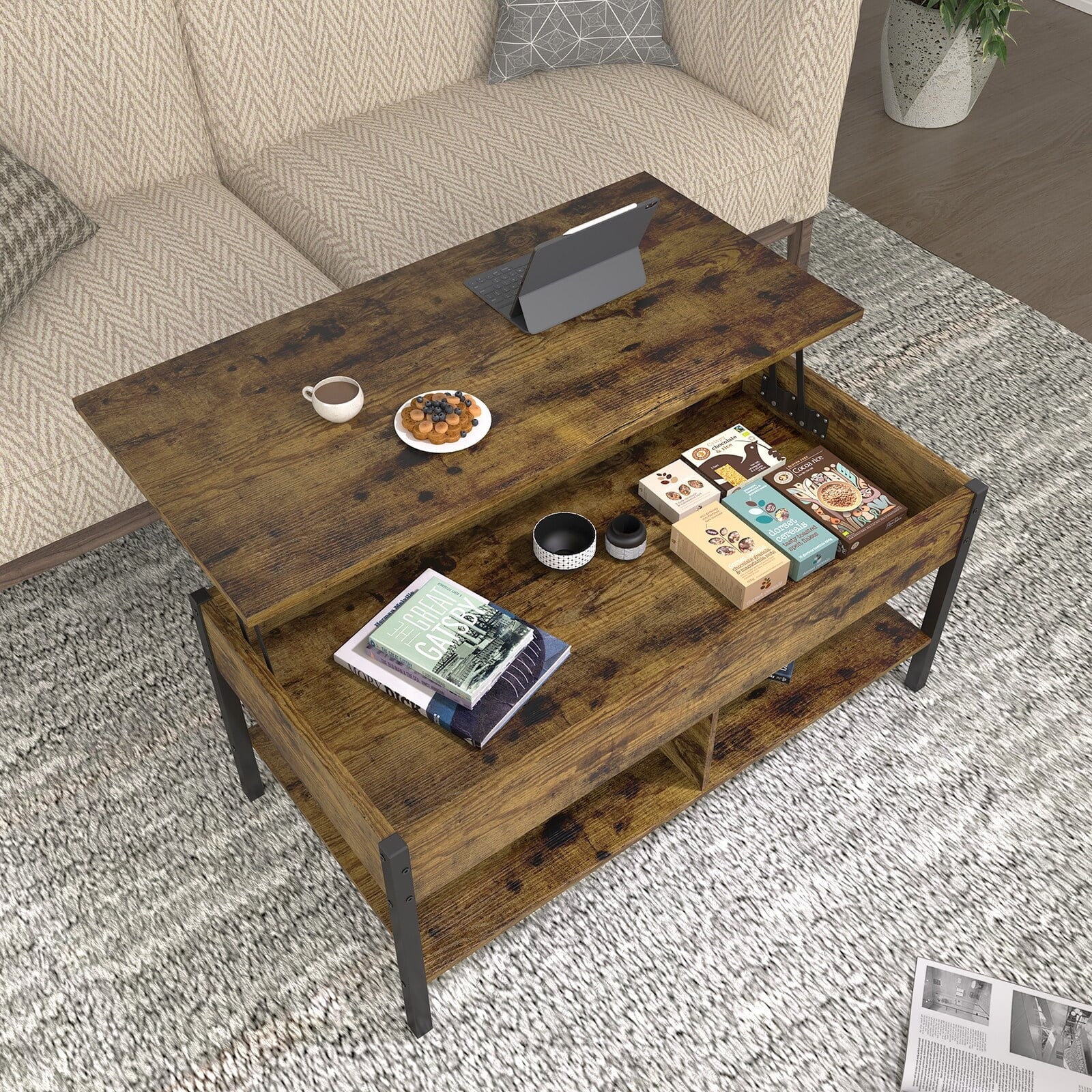 Brown Lift Top Coffee Table with Hidden Storage E285