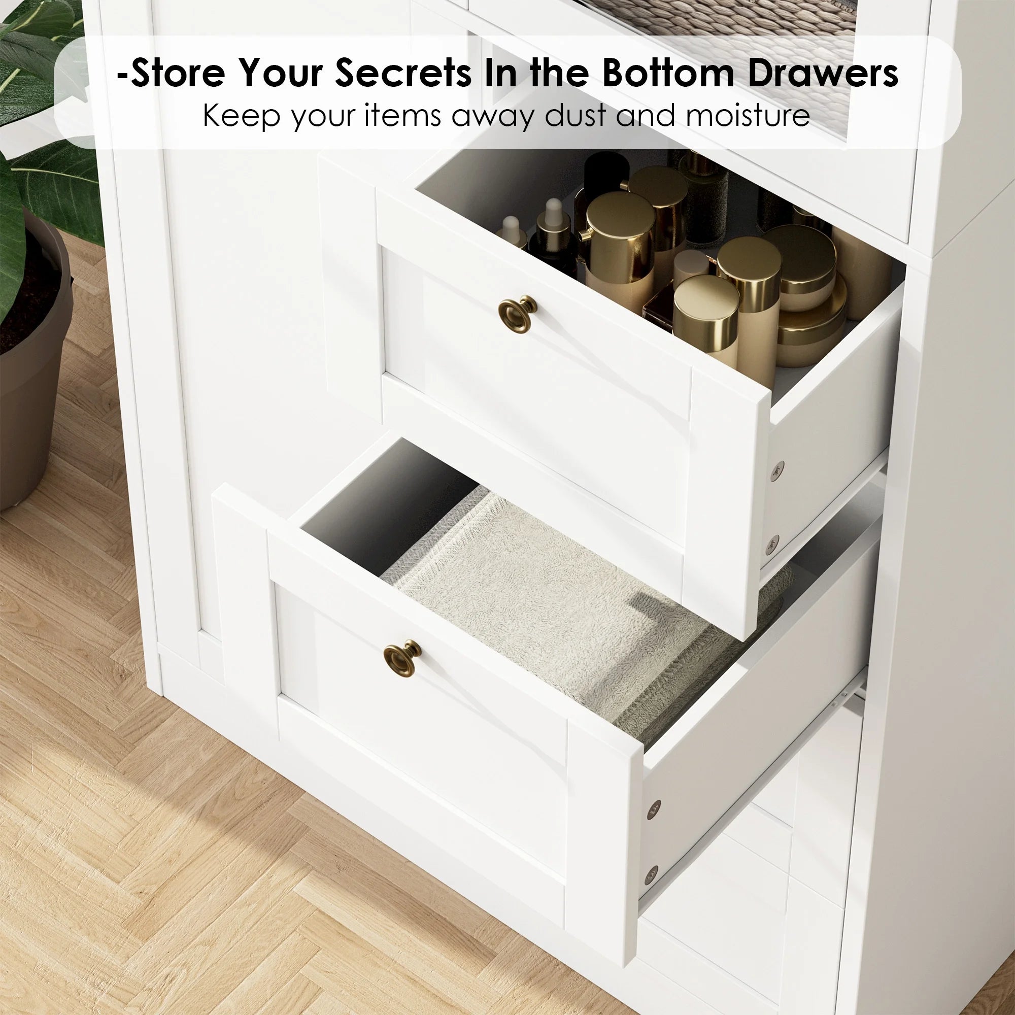 White 70.9" Bathroom Cabinet with Glass Doors and 4 Drawers J41852