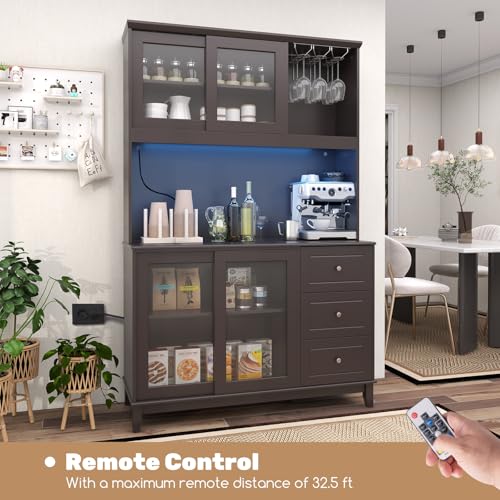 73" Kitchen Pantry Storage Cabinet with LED Lights & Power Outlet, Wine Glass Racks, Adjustable Shelves, Drawers (Espresso) Q89858