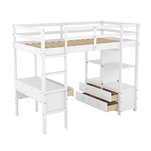 Full Size Solid Wood Loft Bed Frame with Desk and Storage S402977
