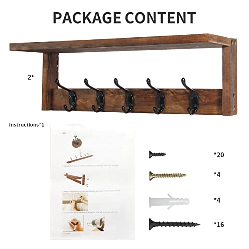 2 Pack Rustic Brown Wood Wall Mount Coat Rack with Shelf Z4270