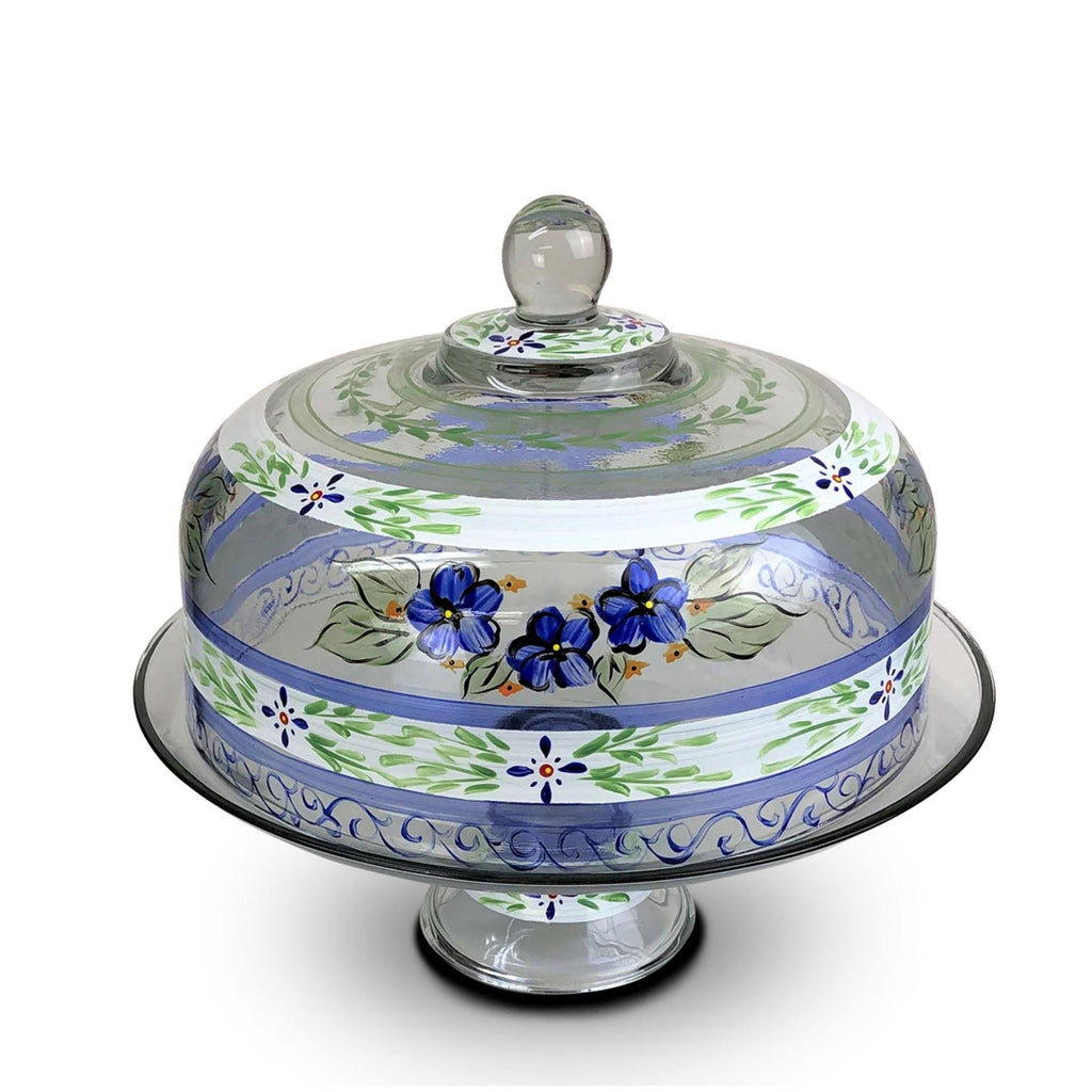 Blue Floral Hand Painted Glass Large Cake Dome E517