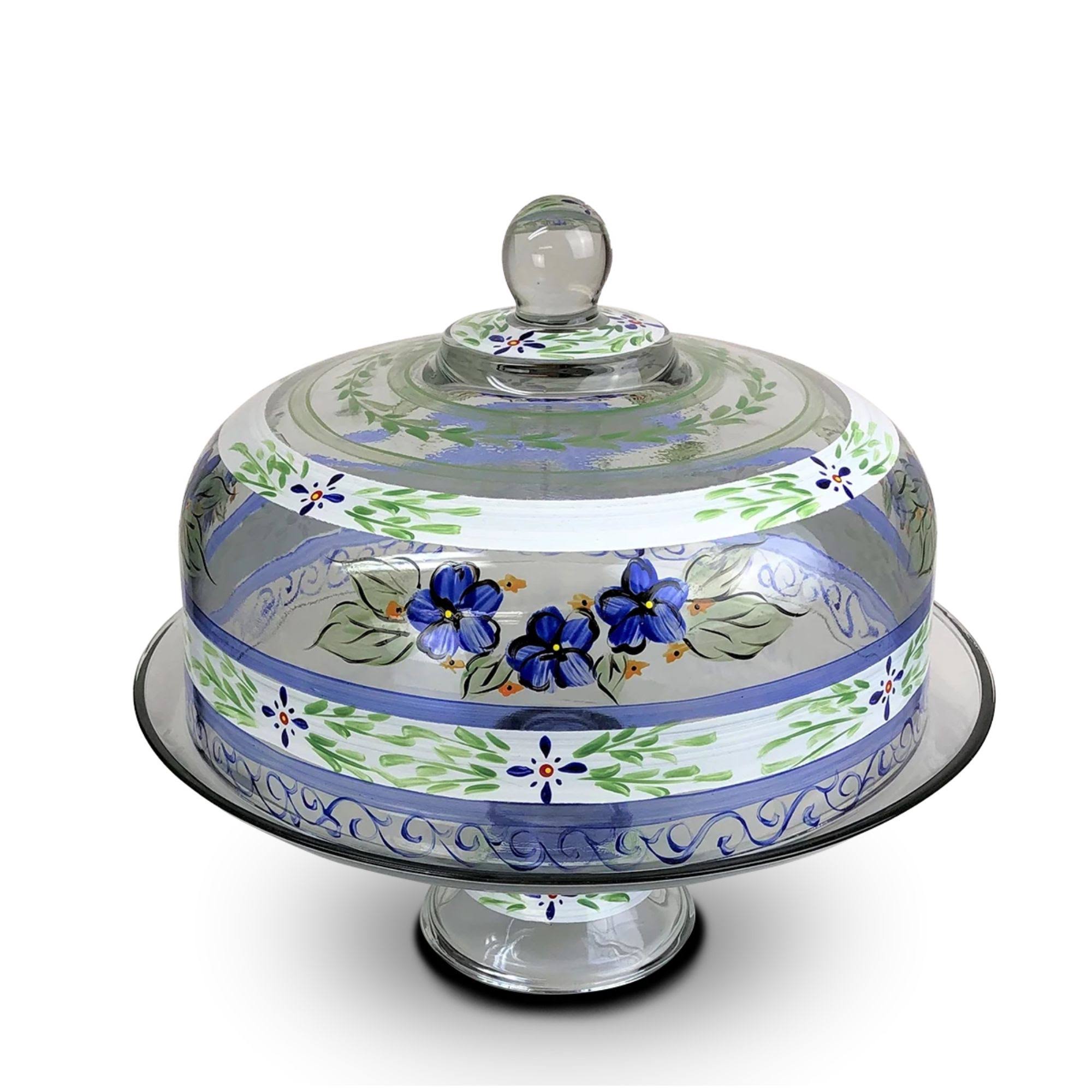 Blue Floral Hand Painted Glass Large Cake Dome E517